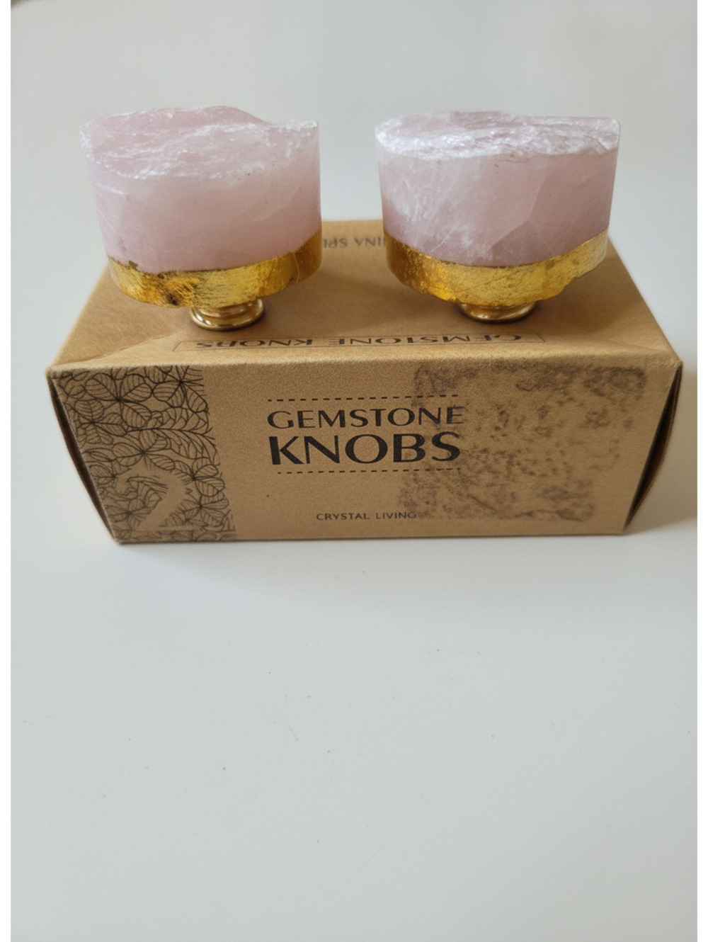 Rose Quartz Gemstone Knobs with Gold Trim - Set of 2